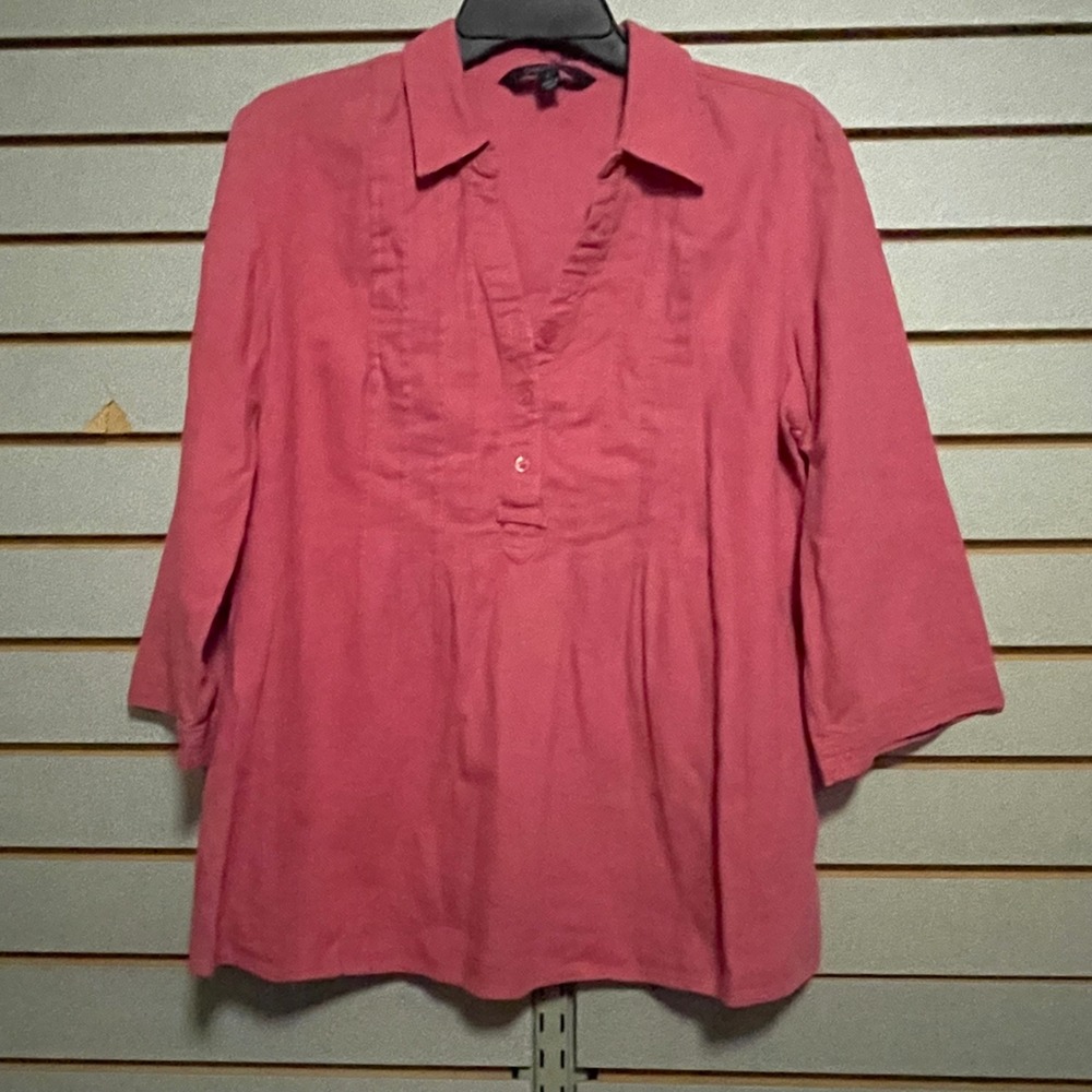 Chadwicks Women Coral Pink Linen Blend Pintuck 3/4 Sleeve Tunic Top‎ Large